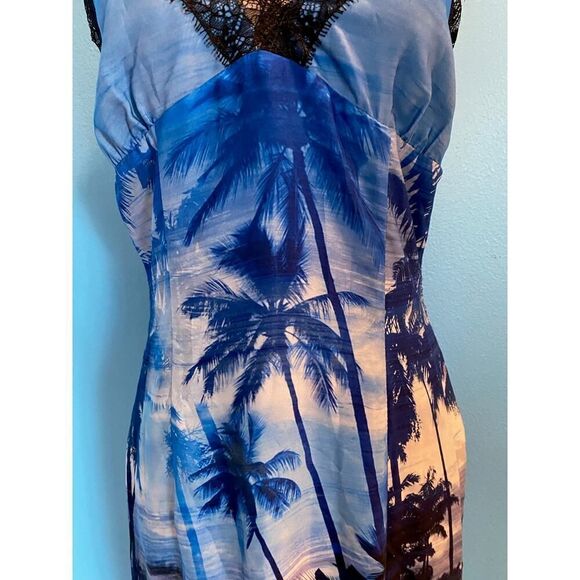 NWT Le Superbe Blue Tropical Print Slip Dress Summer Spaghetti Strap Lace Trim 0 - Picture 4 of 10